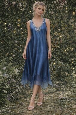 Komarov Beaded V-Neck Crinkle Silk Midi Dress Teal Blue Small Mermaid Fairy